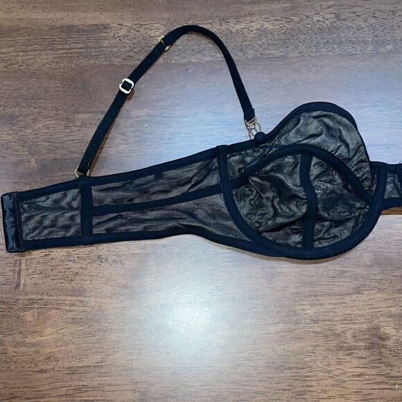 Victoria’s Secret Sheer Black & Tan Metalic Mesh Balconette Bra Gold Accents 36B - Picture 7 of 10